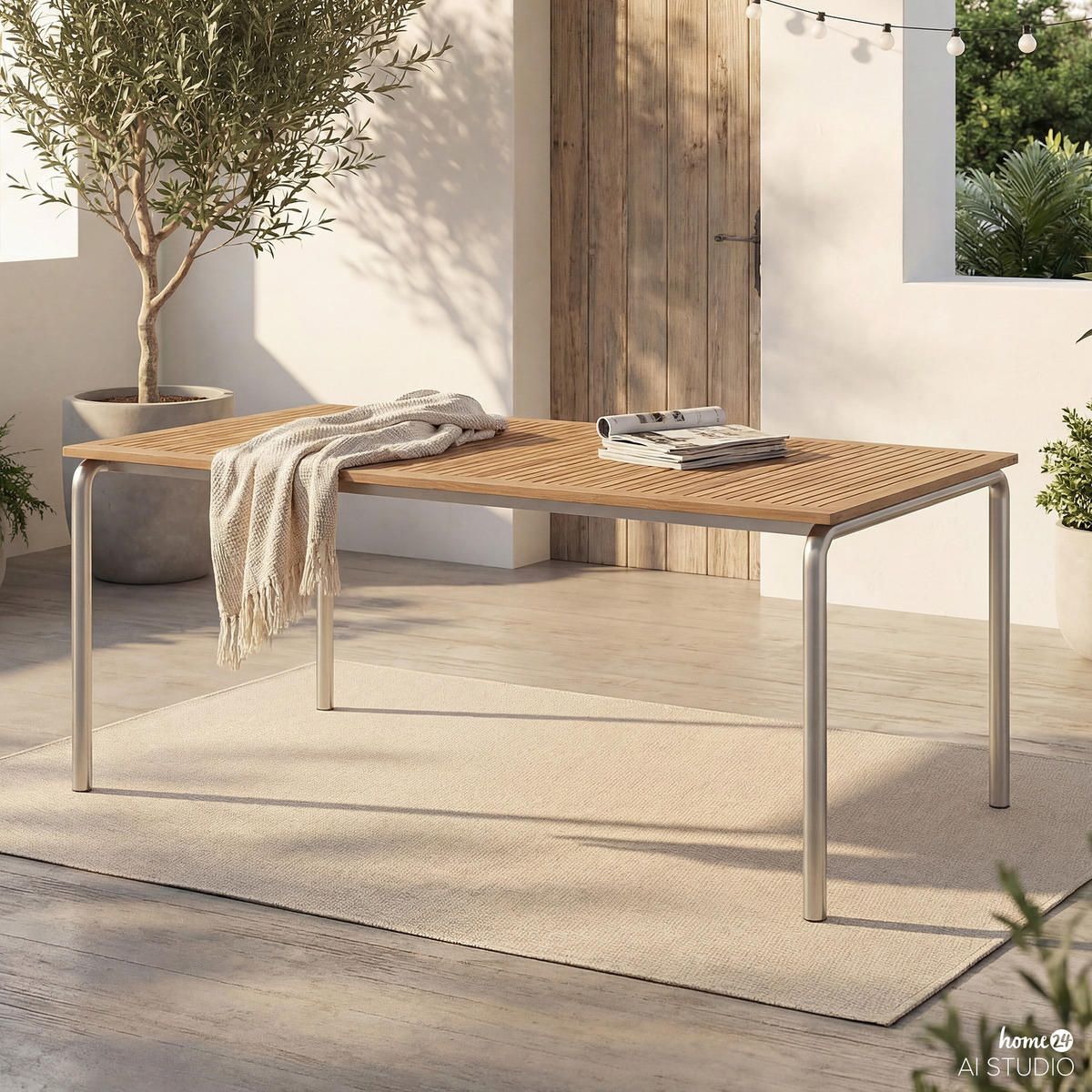 GARTENTISCH - Teak massiv / Edelstahl - Braun - Teakfarben, Holz/Metall (90/180/73cm) - home24