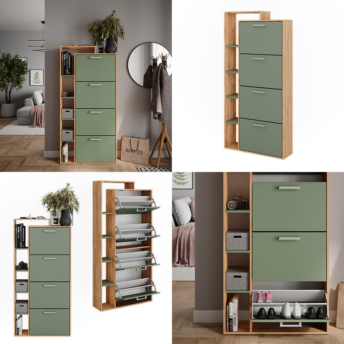 SCHUHKIPPER Orlando Goldkraft Eiche/Grün 80 x 166.1 cm mit 4 Fächern - Eichefarben/Grün, Holzwerkstoff (80/166.1/24.2cm) - Vicco