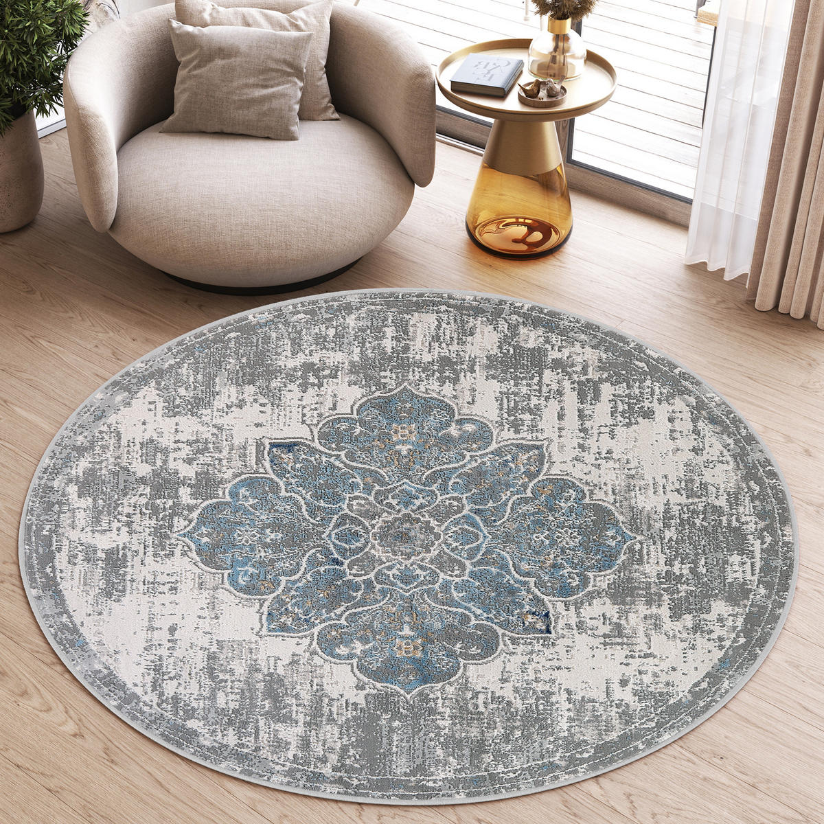 TEPPICH VALLEY Blau Rund 100/100 cm - Blau, Textil (100/100cm) - Tapiso