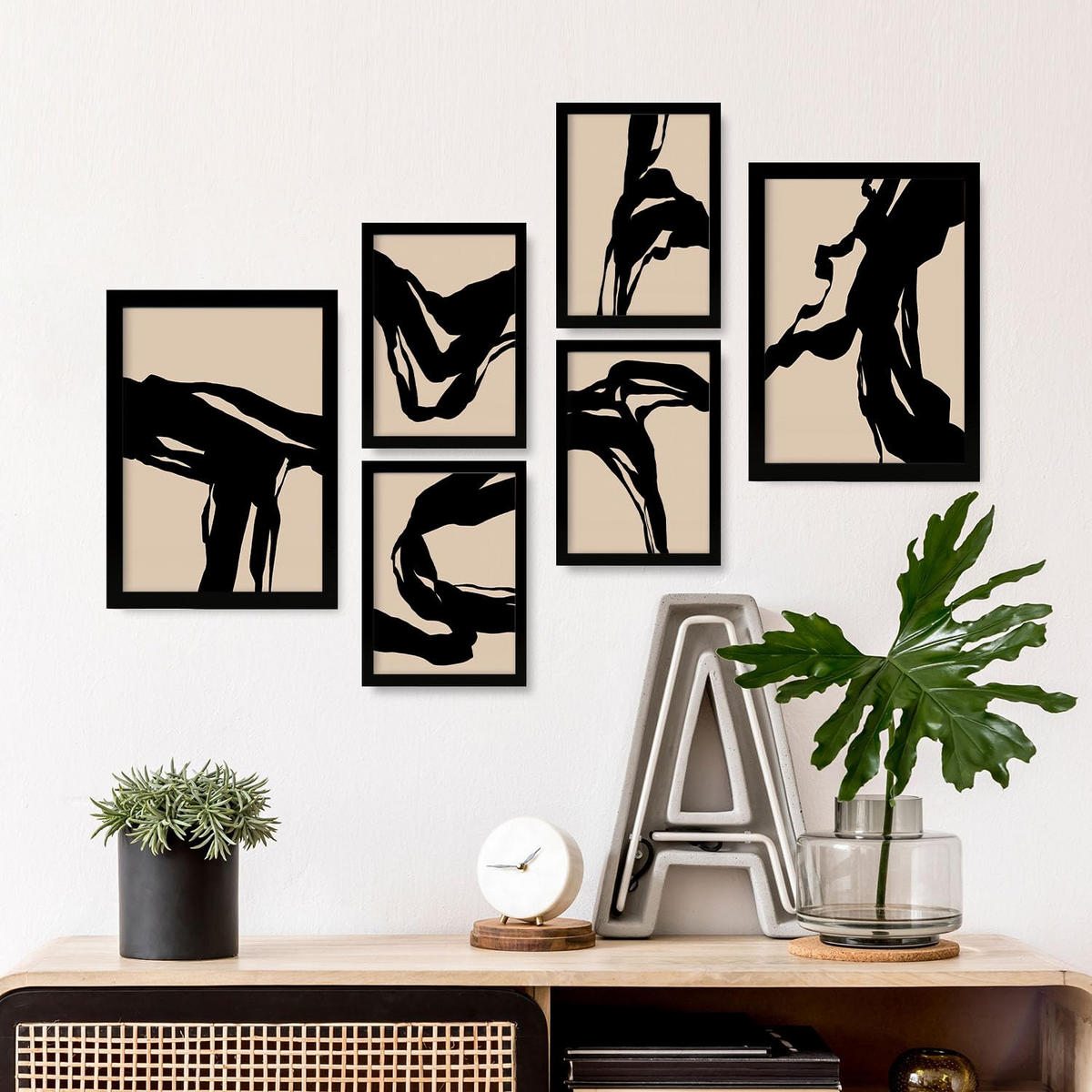 POSTER Set Mit 6 Zusammenfassungen In Form Ästhetische Dekorative Gemälde Für Ihr Wohnzimmer, Schlafzimmer Oder Zuhause A3 & A4 Schwarzer Rahmen - Schwarz, Papier (29/3cm) - Nacnic