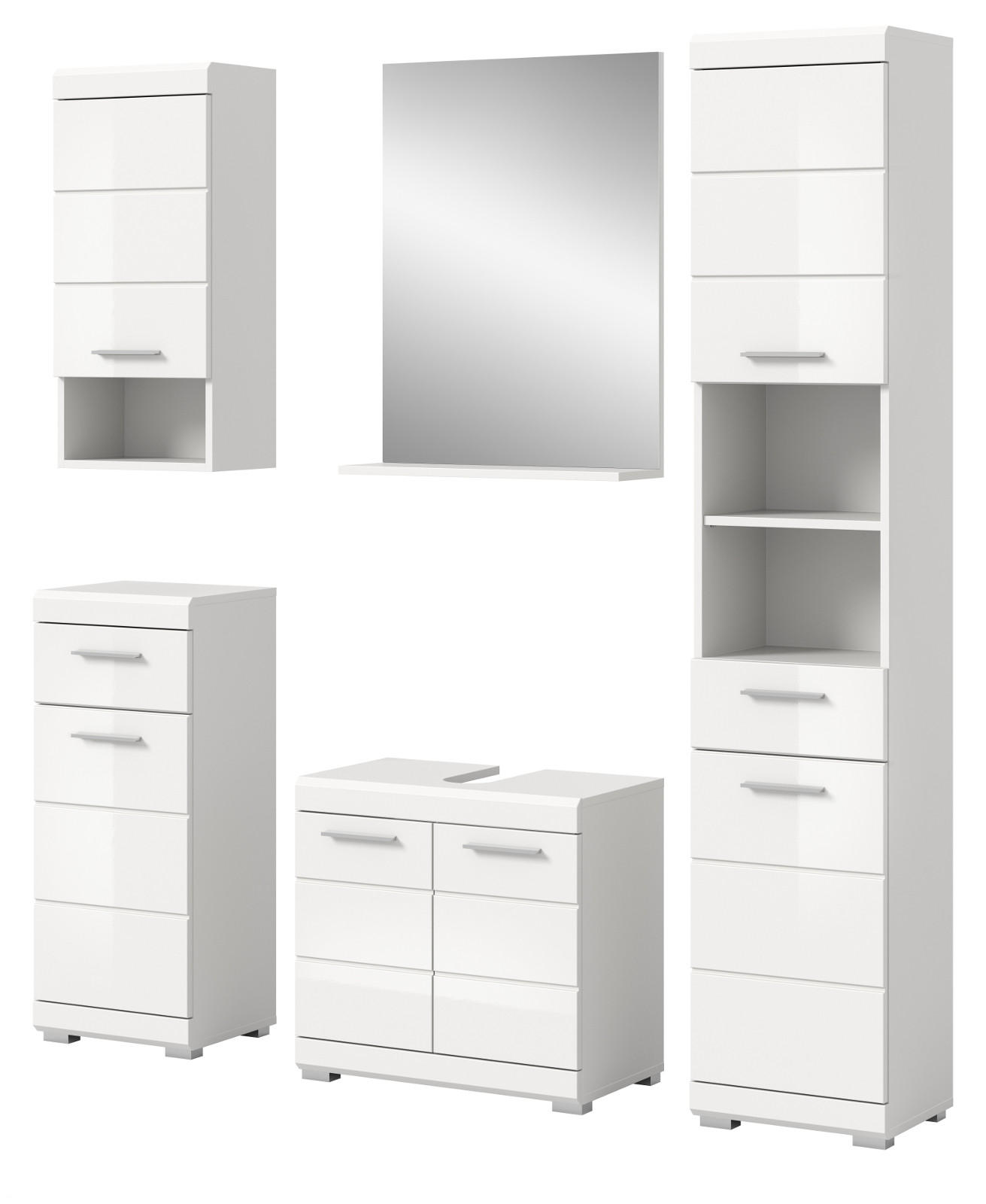 BADMÖBEL-SET weiß Hochglanz 5-teilig 164 cm, Komplettset mit viel Stauraum - Weiß Hochglanz, Glas/Holzwerkstoff (164/191/34cm) - Inn.Furn