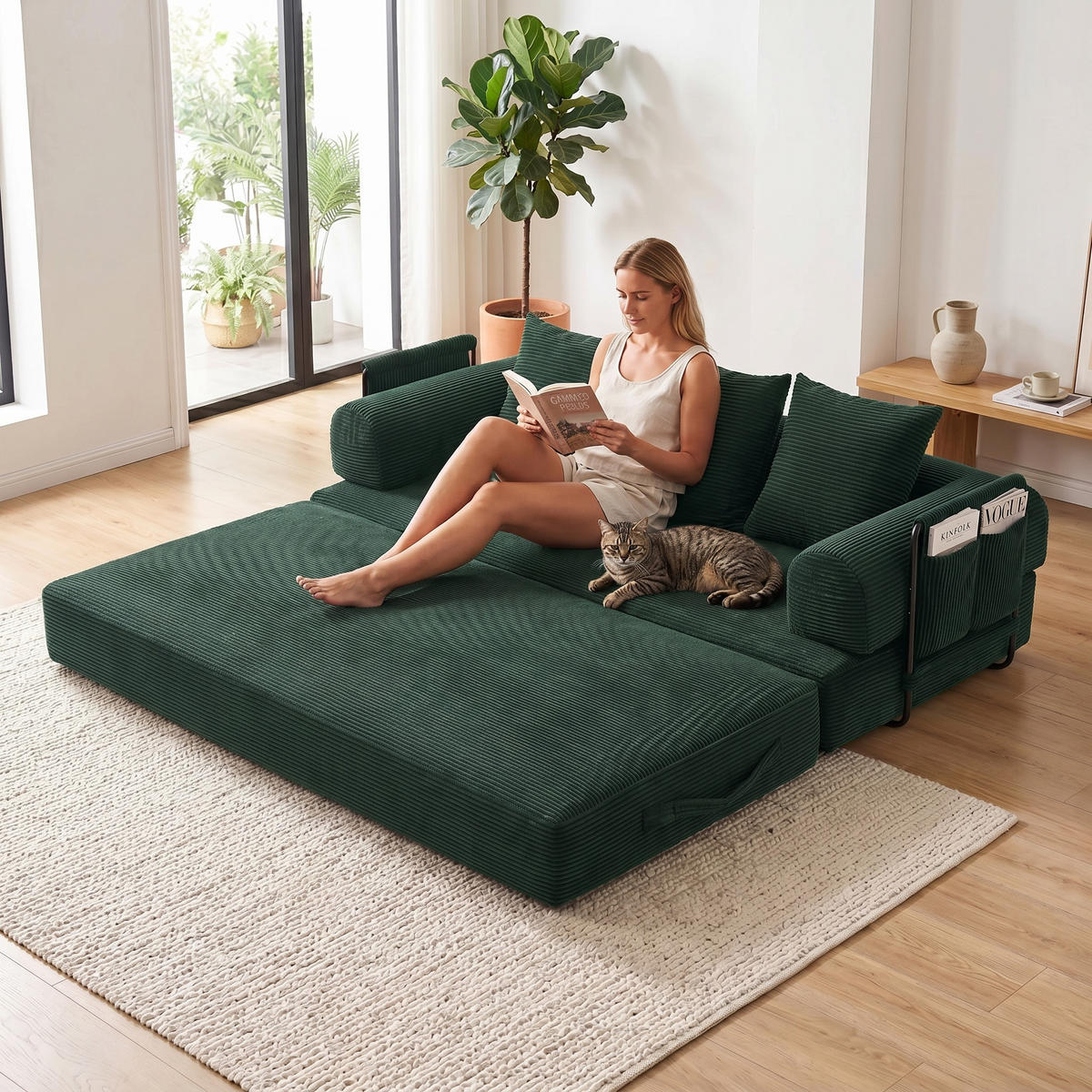 SCHLAFSOFA, Modulares Tagesbett mit Metallgestell, Klappbares Bodensofa Cordstoff, Grün - Grün, Textil (94/67/200cm) - LVHOM