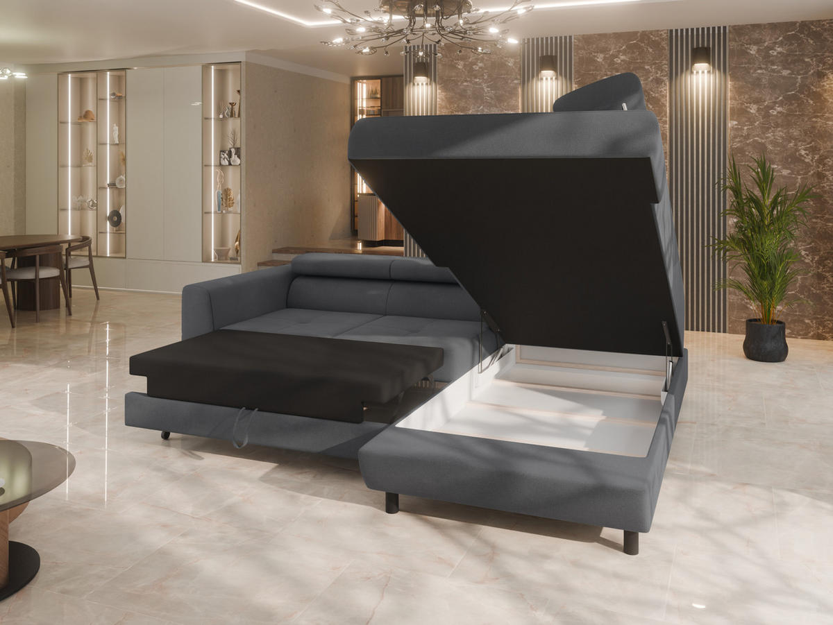 ECKSCHLAFSOFA Vena III mit Schlaffunktion und Bettkasten, Rechts montierbar, Grau - Grau, Holz (254/199cm) - Homesy