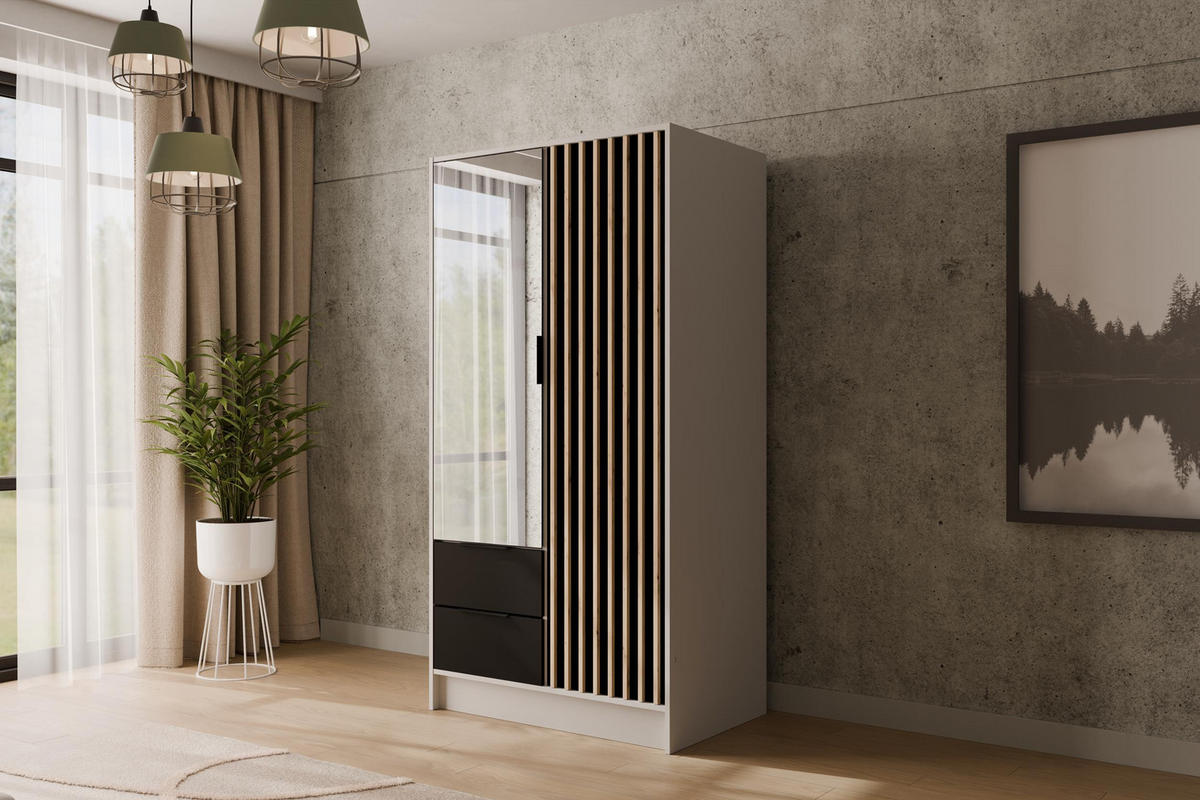 KLEIDERSCHRANK NELIA - 120 cm - Schwarz/Weiß, Holzwerkstoff (102/200/51cm) - ALTDECOR