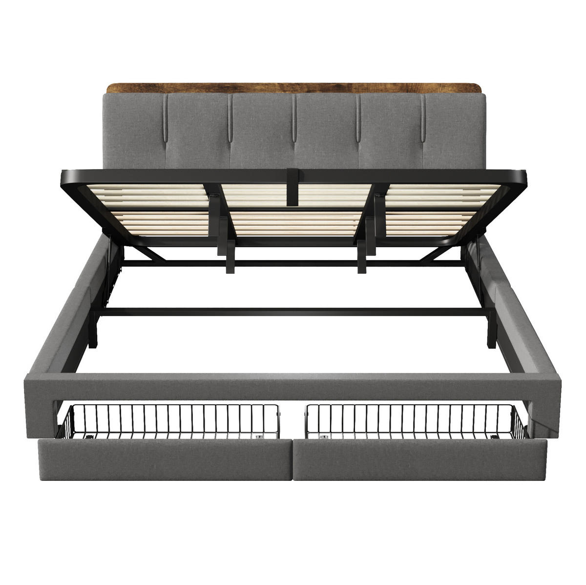 POLSTERBETT 180/200 cm aus Leinen mit hydraulischem Bettkasten, USB-/Typ-C-Anschluss, LED-Beleuchtung, Grau - Grau, Textil (180/200cm) - Redom