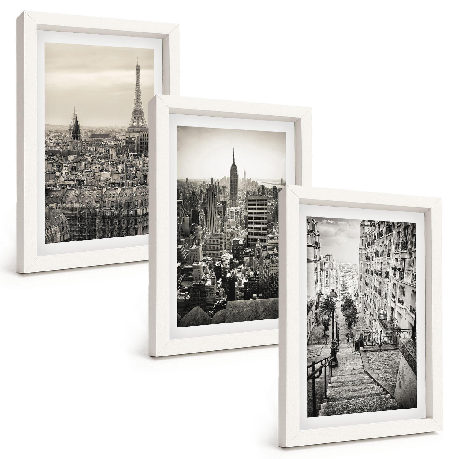 BILDER SET 3er Set - 20x30 cm Weißer Rahmen - Aussicht Paris New York Treppen - Weiß, Kunststoff (20/30cm) - TULUP