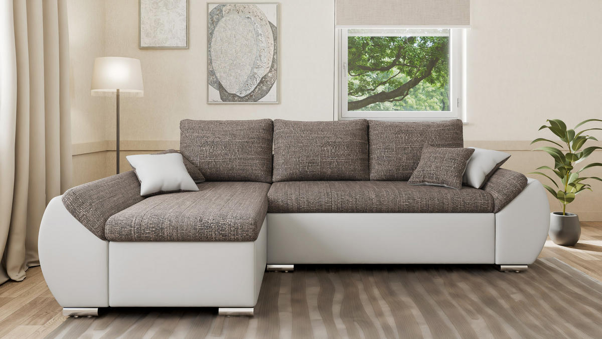 ECKSOFA - ALEX – Braun + Weiß (Lawa 02 + Soft 17) - Links - Braun, Holzwerkstoff/Metall (275/155cm) - Möblo