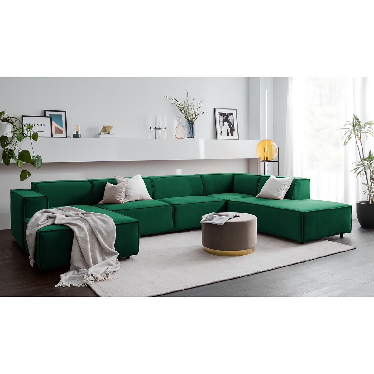 WOHNLANDSCHAFT mit Longchair & Ottomane - Dunkelgrün/Schwarz, Kunststoff/Textil (369/70/234cm) - home24