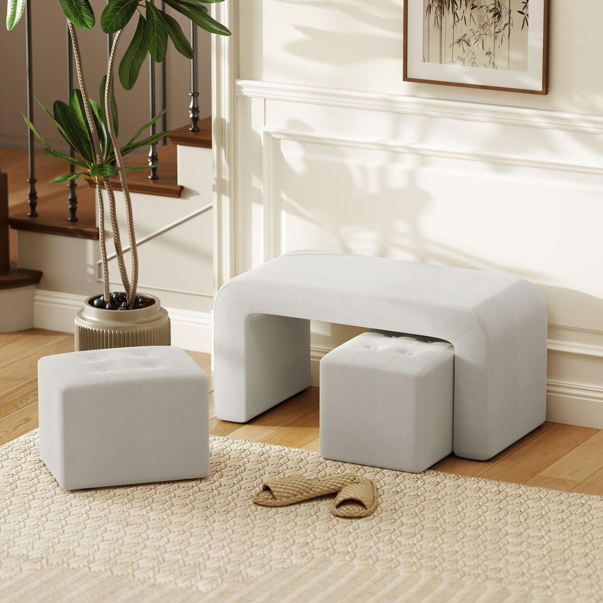 FUSSHOCKER 3 tlg., Sitzhocker, Weiß - Weiß, Kunststoff (42.5/45/89cm) - HOMCOM