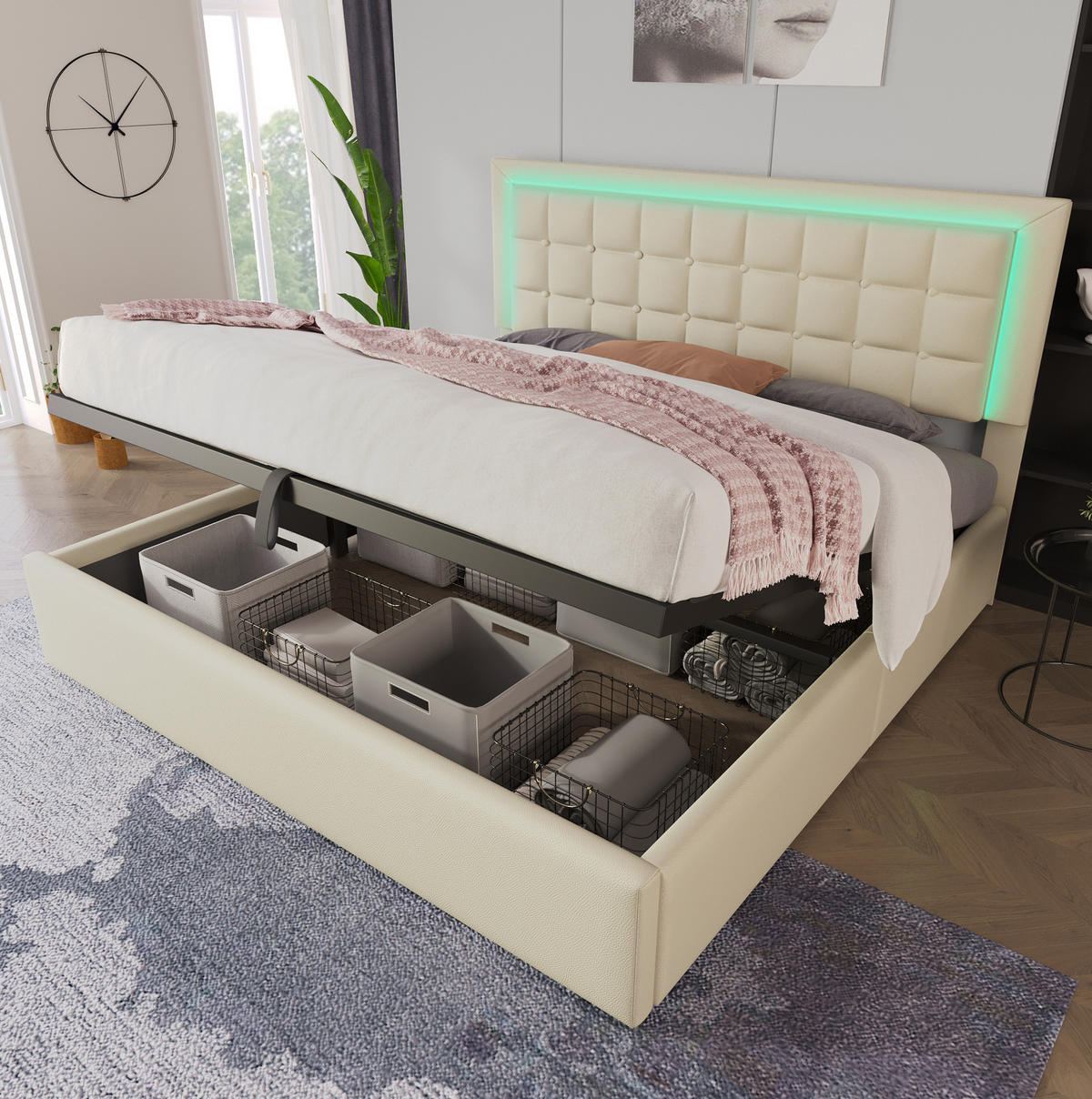 POLSTERBETT aus Kunstleder 180x200 cm Weiß mit Bettkasten, Lattenrost und LED-Beleuchtung - Beige, Leder (180/200cm) - IVMEU
