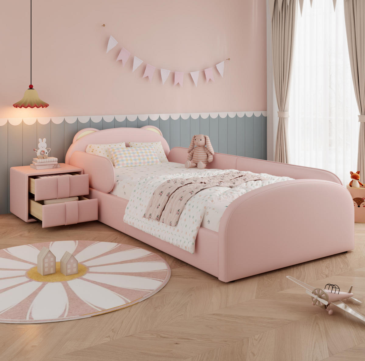 KINDERBETT 90/200 cm mit Nachttisch, Bären-Kopfteil und weichem Stoßschutz, Rosa - Rosa, Textil (90/200cm) - Redom
