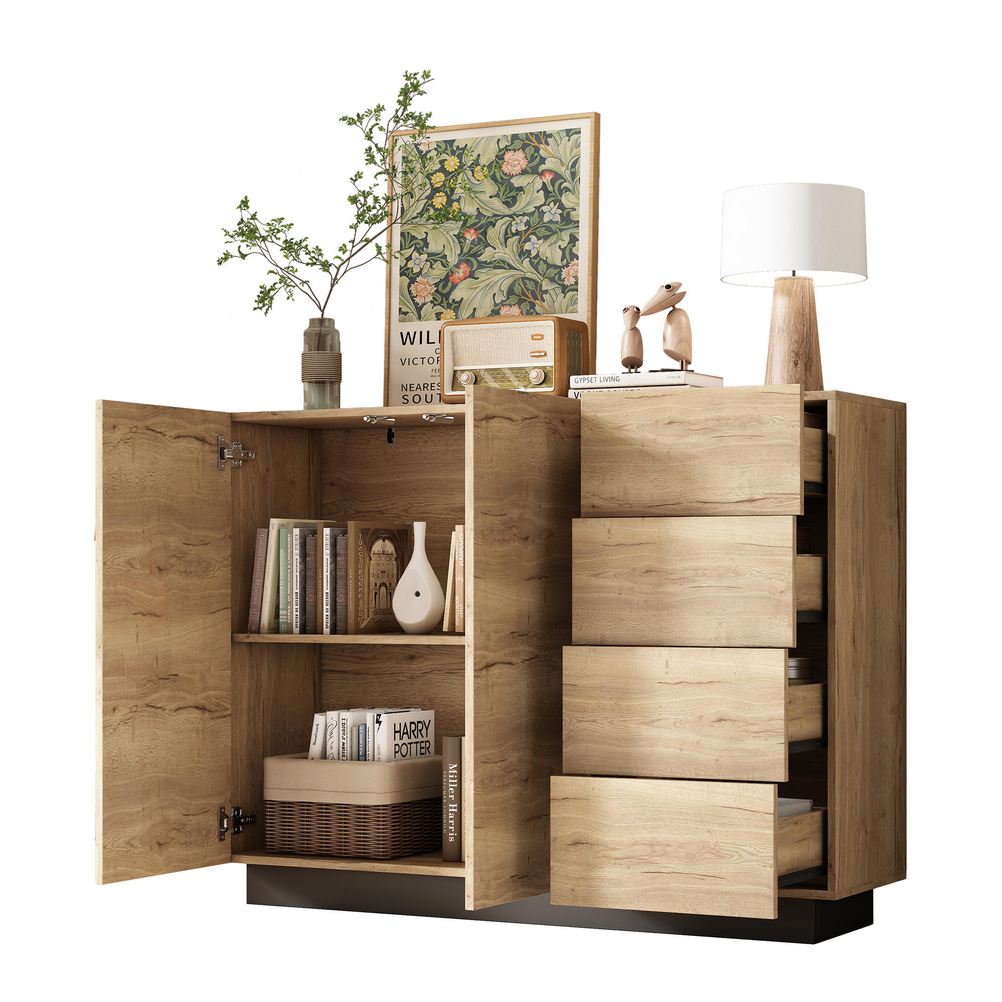 KOMMODE Sideboard 2 Türen Schwarz Natur 110x35.5x90.5cm - Multicolor, Holzwerkstoff (35.5/90.5/110cm) - FLIEKS