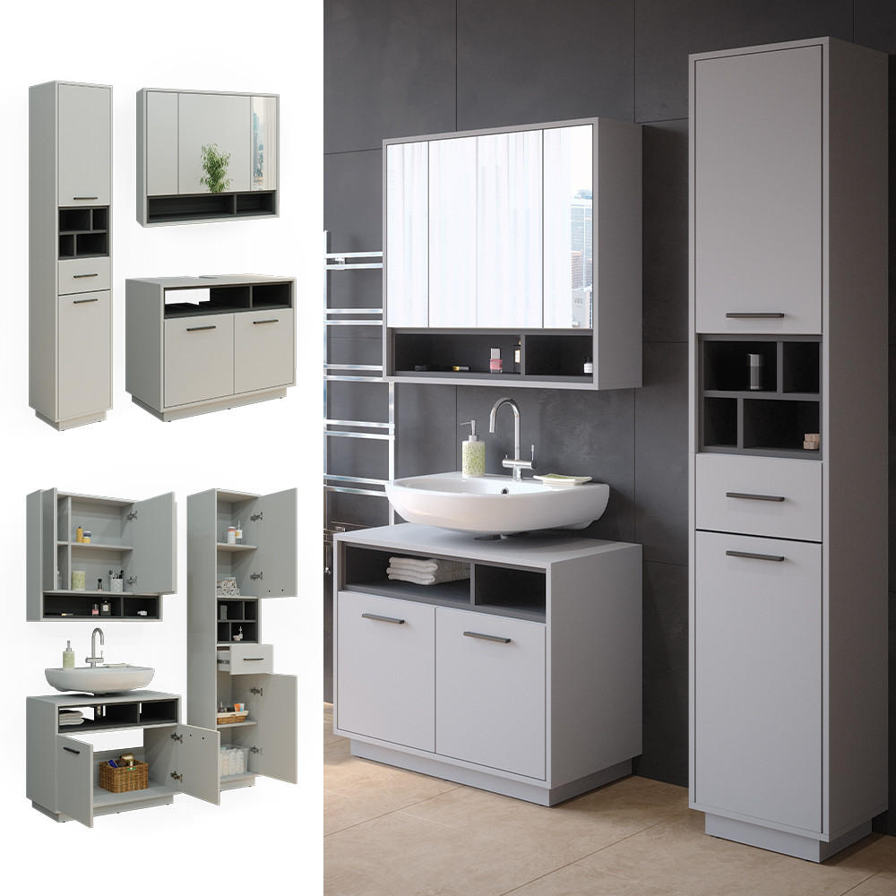 BADMÖBEL-SET Beatrice Grau 3 Teile, mit Hochschrank - Anthrazit/Grau, Holzwerkstoff (80/64/40cm) - Vicco