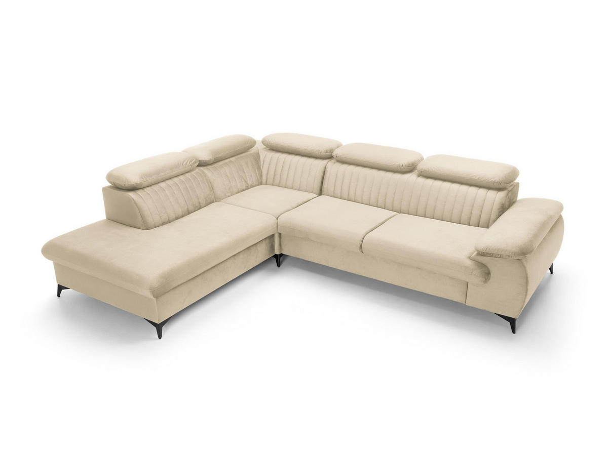 ECKSOFA FIORE Creme Velours-Stoff mit Schlaffunktion - Creme, Holz (275/221cm) - MASSENO