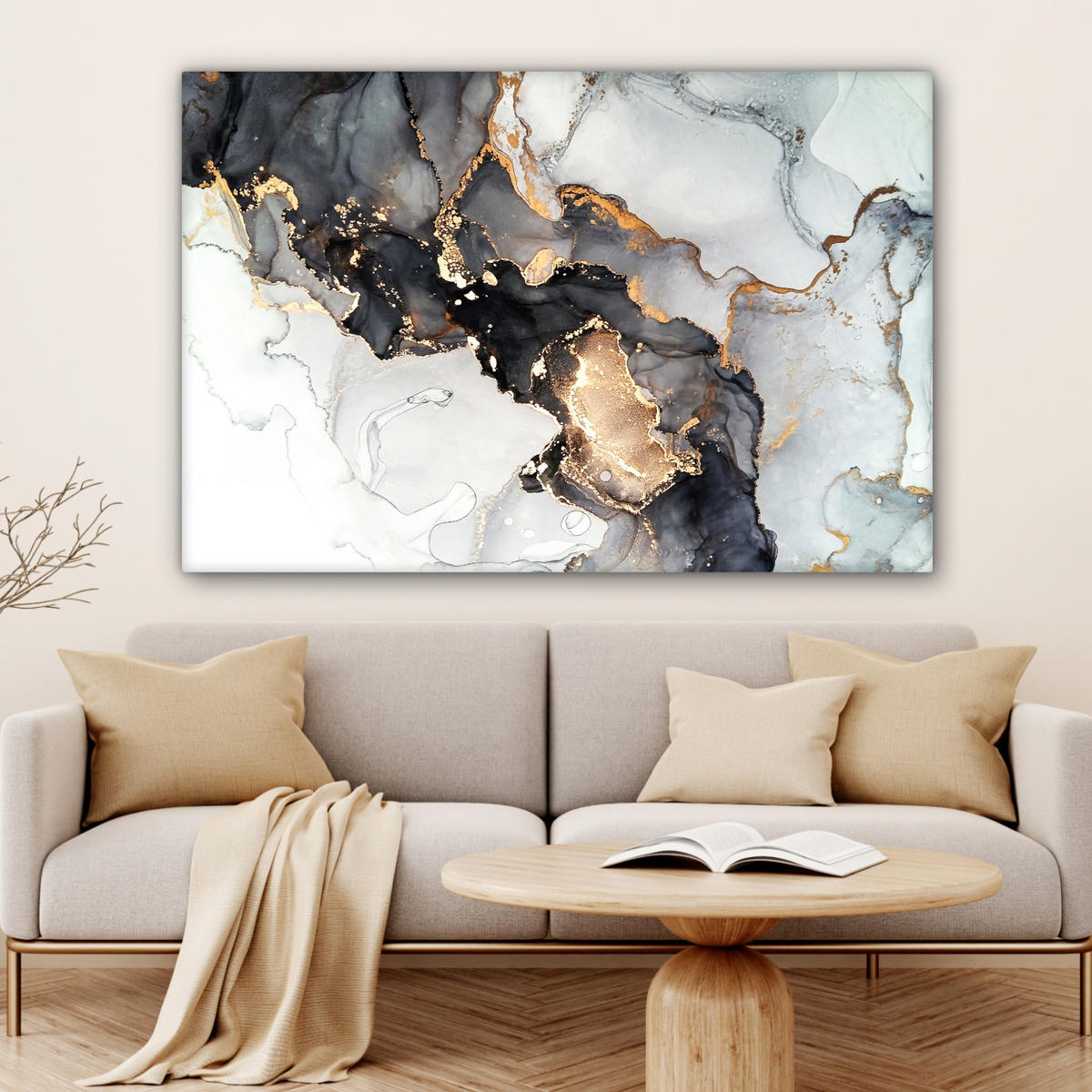 LEINWANDBILD Marmor - Schwarz - Weiß - Gold - Luxus - Abstrakt XXL 150x100 cm - Goldfarben, Textil (150/100cm) - MuchoWow