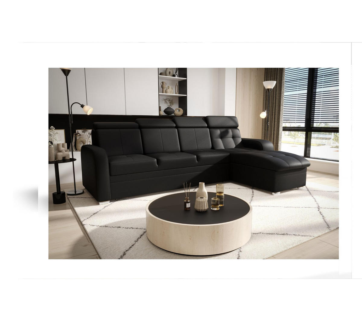 ECKSOFA KONGO RBN10, Eckcouch in L-Form mit Schlaffunktion, Farbe: Schwarz, Kunstleder, Ottomane Rechts - Schwarz, Textil (315/169cm) - O-Sofa