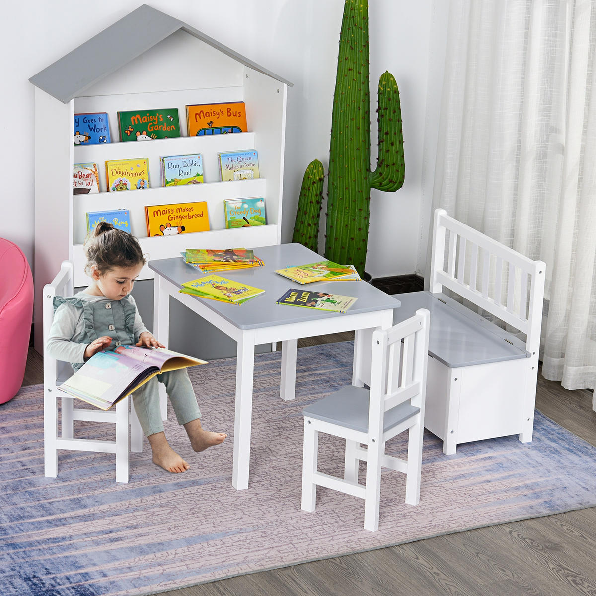 KINDERSITZGRUPPE DE-17498 4-teilig mit Stauraumbank Weiß/Grau - Grau, Holzwerkstoff (59/46/77cm) - ComfortXL