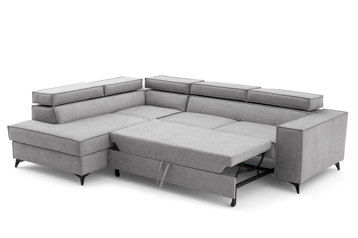 ECKSOFA PURE L Links mit Schlaffunktion 127x199 Velours Hellgrau - Hellgrau/Schwarz, Holz/Textil (281/204cm) - Muffo