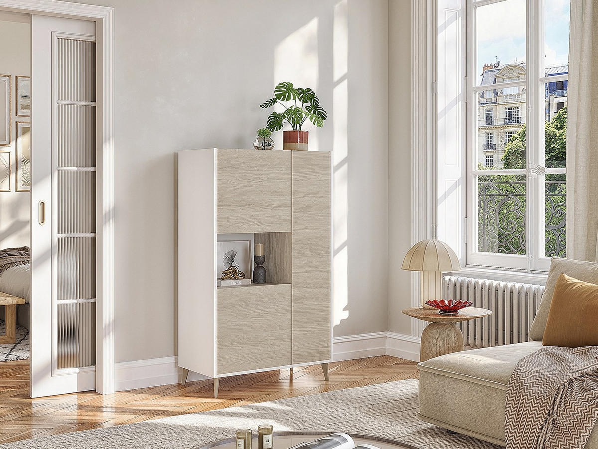 HIGHBOARD mit 3 Türen & 1 Ablage - Eichefarben & Weiß - KOLYMA - Naturfarben, Holz (81/135/43cm) - Vente-Unique