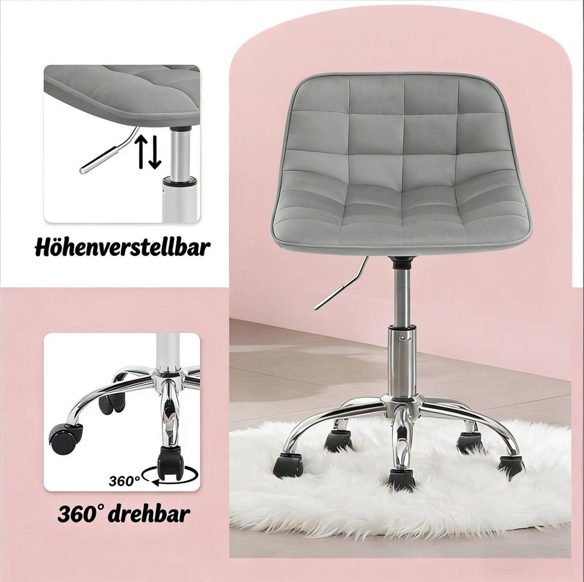 BÜROSTUHL höhenverstellbar drehbar Samt Light Grey - Hellgrau, Metall (43/67.5/43cm) - Meubliv