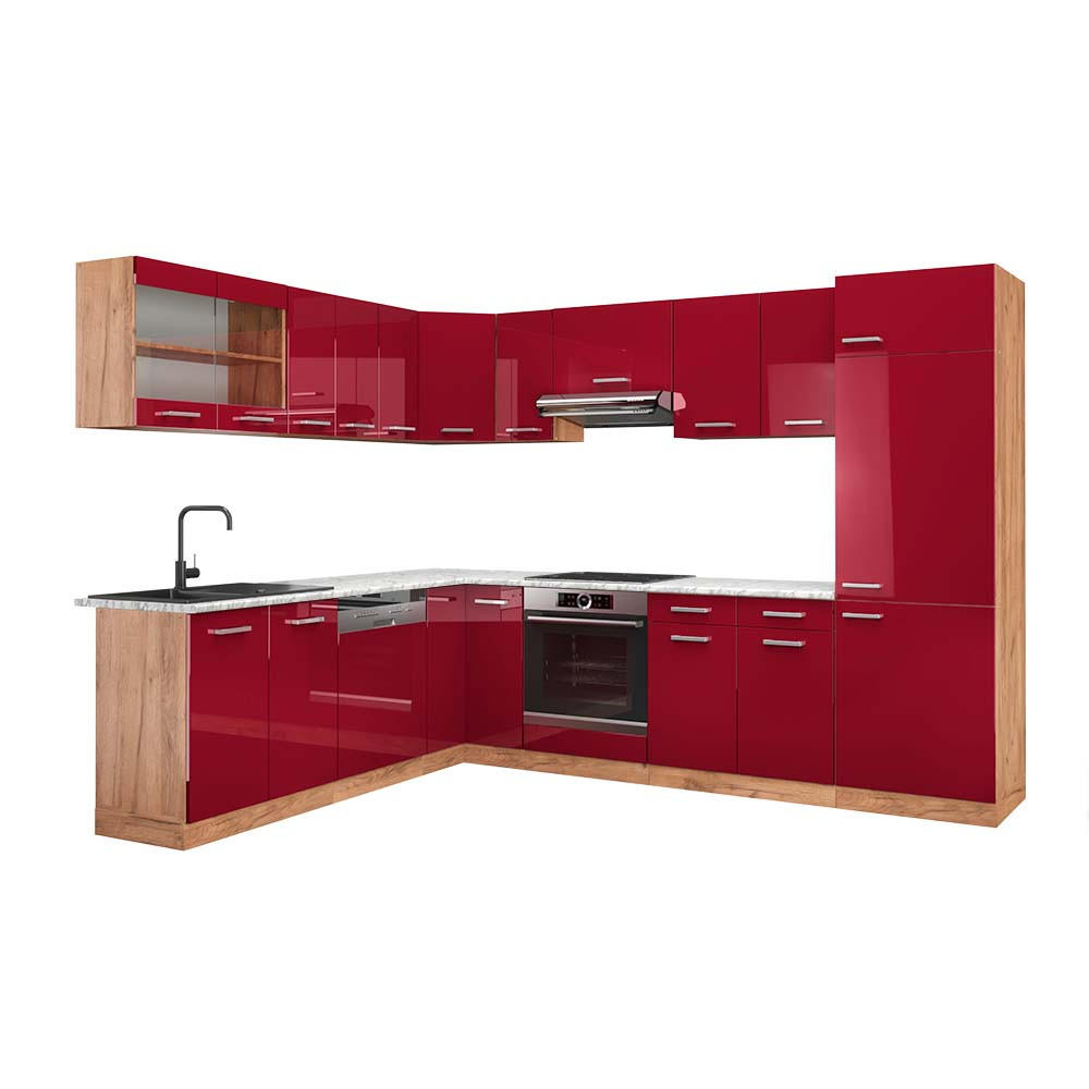 ECKKÜCHE R-Line Rot Hochglanz/Goldkraft Eiche 287 x 60 cm , AP Marmor - Rot/Eiche Wotan, Holzwerkstoff (287/81.6/60cm) - Vicco