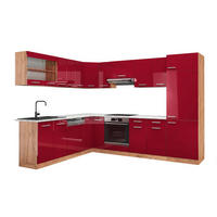ECKKÜCHE R-Line Rot Hochglanz/Goldkraft Eiche 287 x 60 cm , AP Marmor - Rot/Eiche Wotan, Holzwerkstoff (287/81.6/60cm) - Vicco