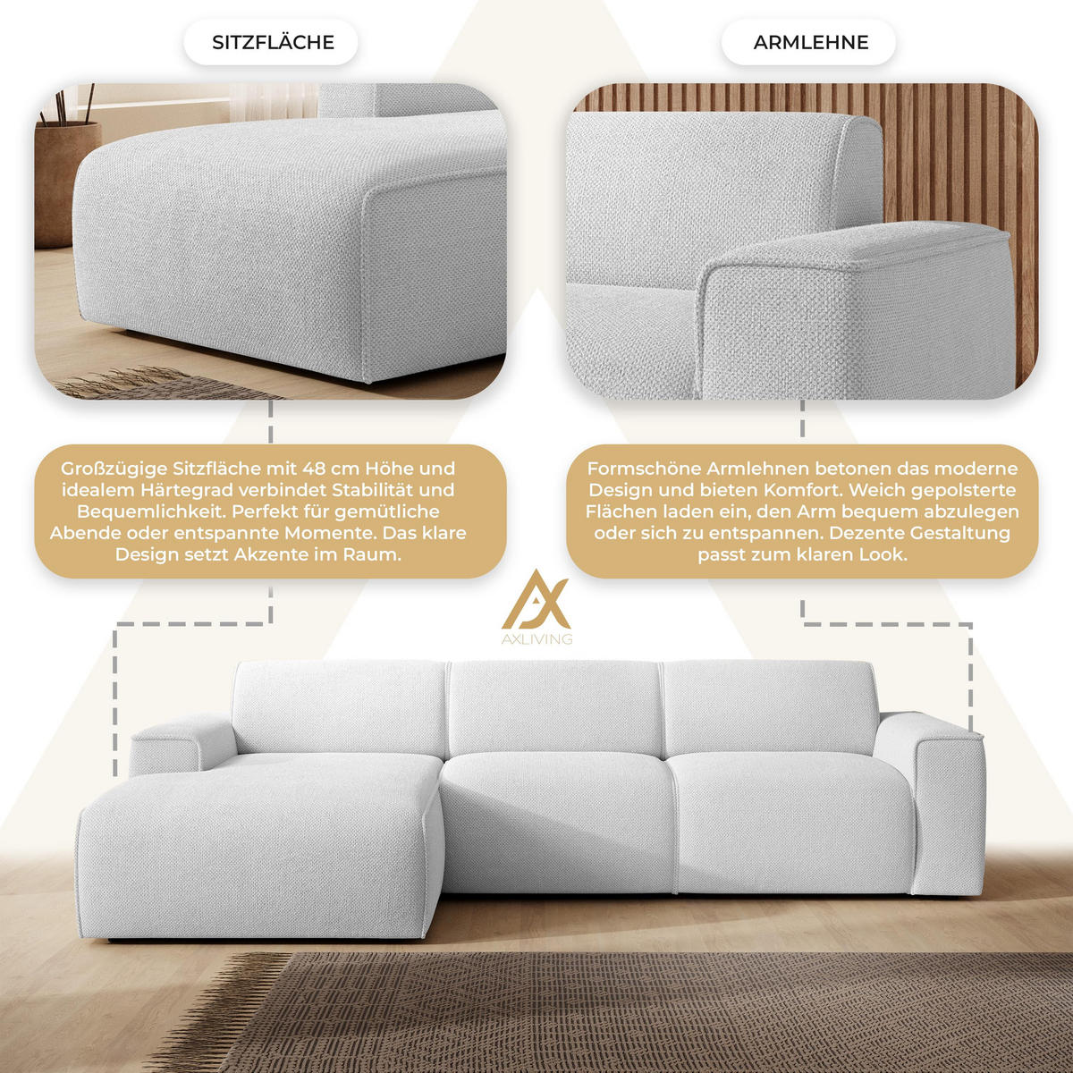 ECKSOFA L Form Didim mini Ivory 310/165/78 cm – stilvolle kleine Eckcouch L - Greige/Champagner, Kunststoff/Textil (165/310cm) - AX Living