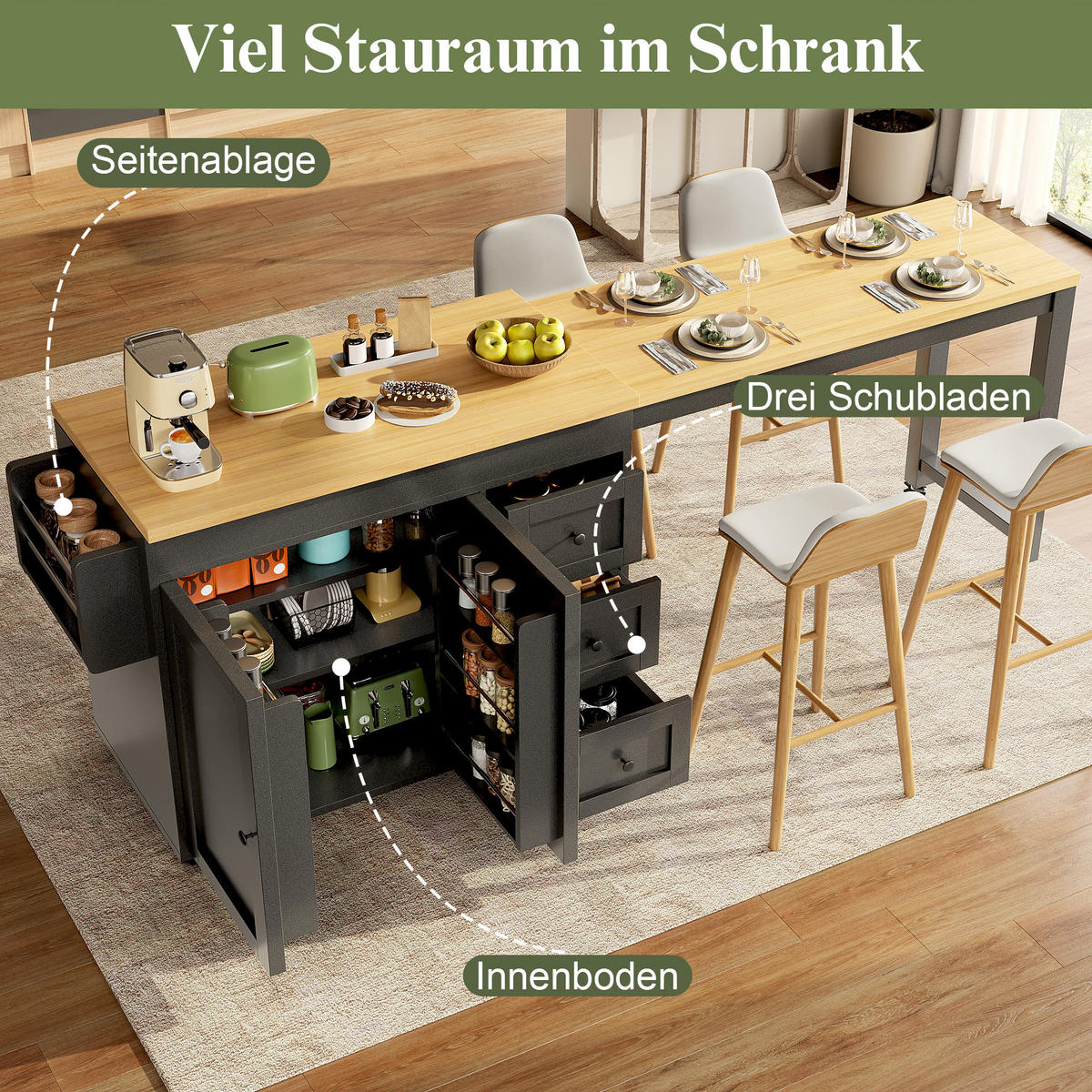 KÜCHENINSEL Ausziehbar 116 179cm Stauraum Schubladen Weiß - Schwarz, Metall (116/89/45cm) - FLIEKS