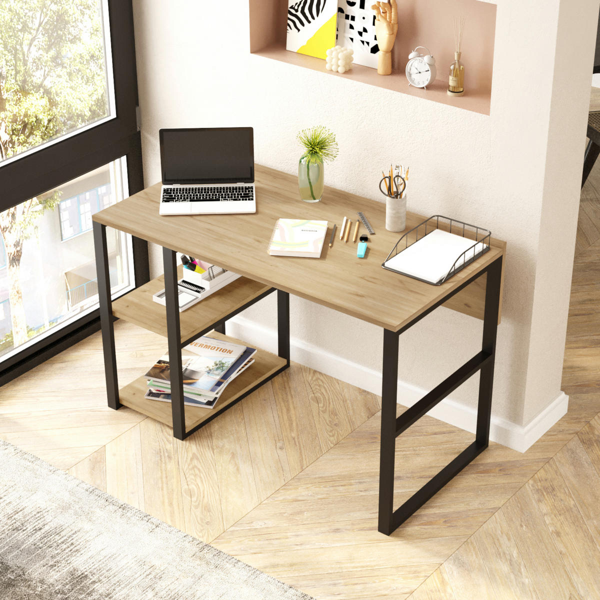 SCHREIBTISCH Tódense - Eichefarben/Schwarz, Holzwerkstoff/Metall (120/60/75cm) - [en.casa]