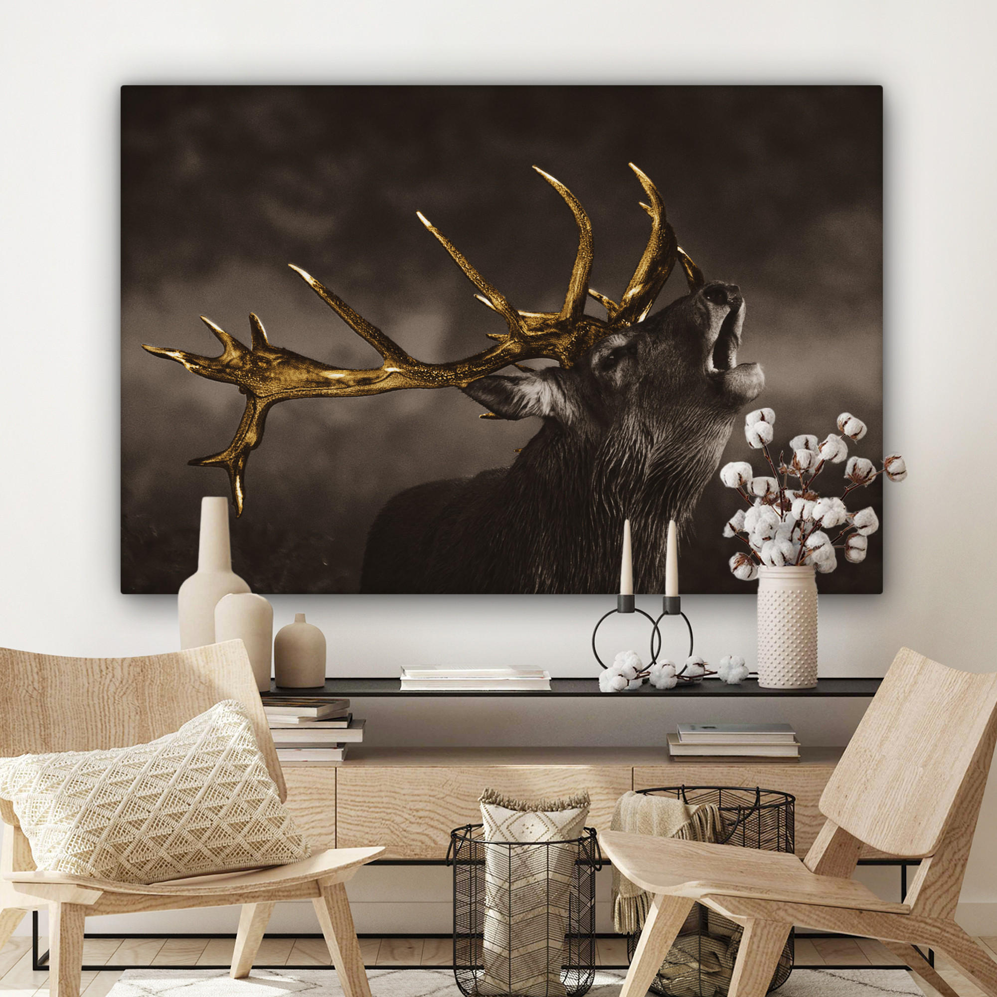 LEINWANDBILD Rotwild - Schwarz - Gold Wohnzimmer 120x80 cm - Braun, Textil (120/80cm) - MuchoWow