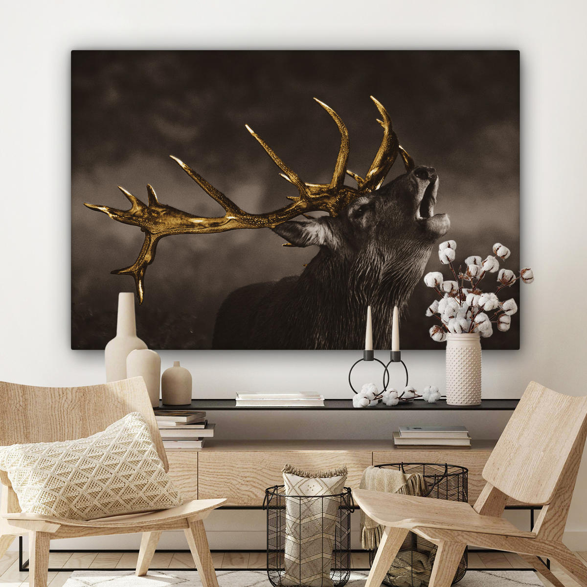 LEINWANDBILD Rotwild - Schwarz - Gold Groß 140x90 cm - Braun, Textil (140/90cm) - MuchoWow