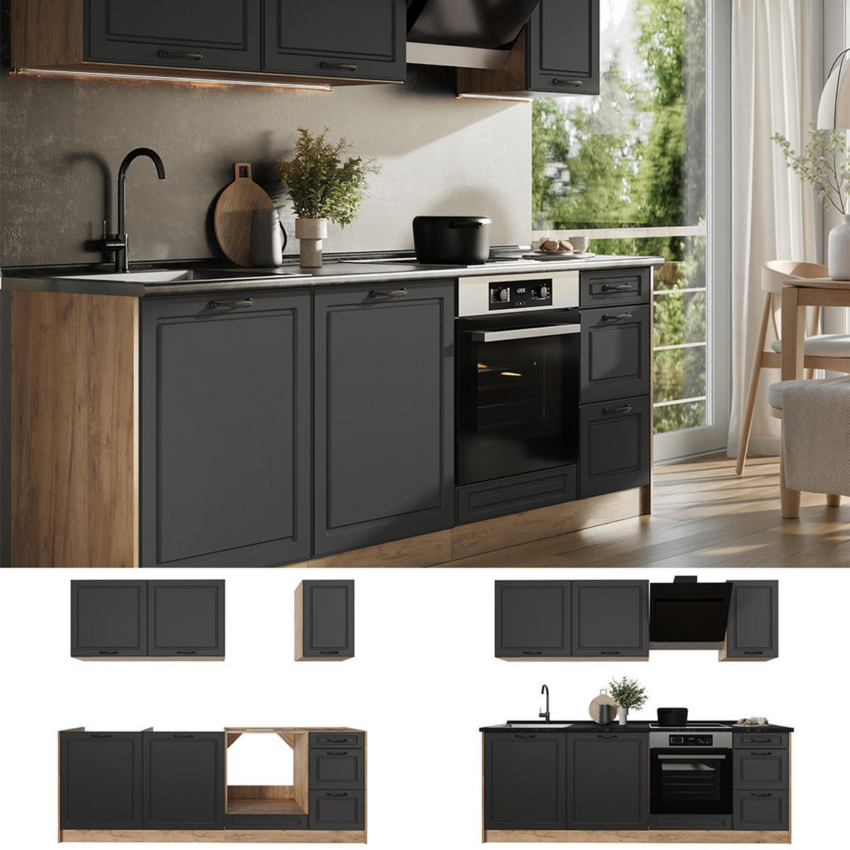 KUCHYNKA R-Line, Antracitový vidiecky dom/Dub Goldkraft, 220 cm Marmori työtaso - dub medový/antracitová, kompozitné drevo (220/81.6/60cm) - Vicco
