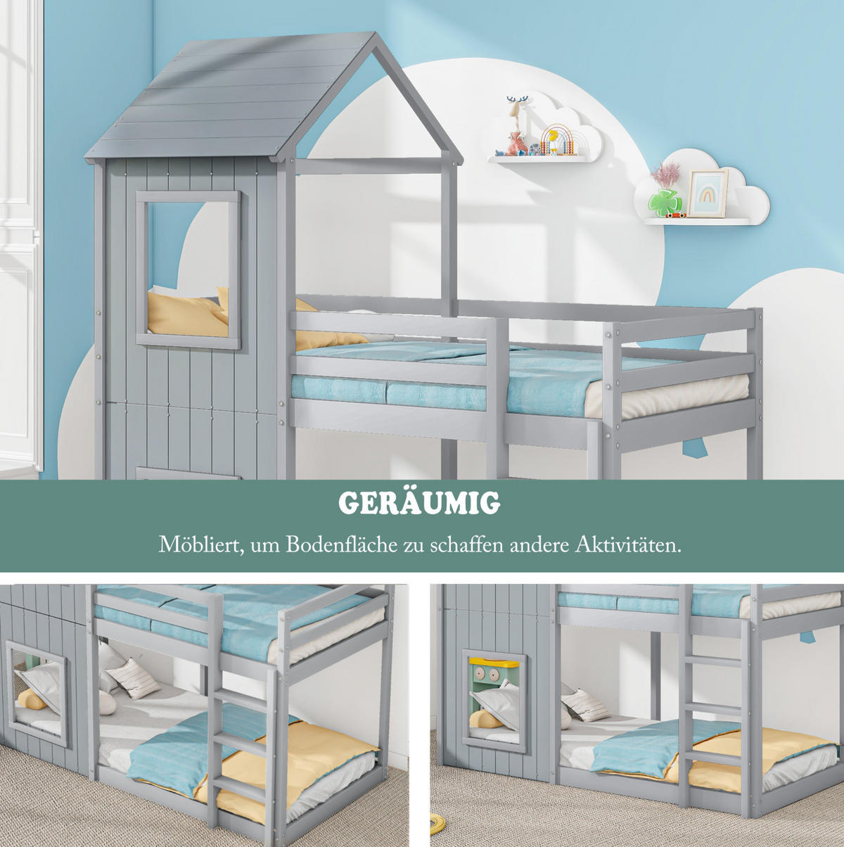 ETAGENBETT aus Kiefer und MDF 90x200 cm Grau mit Sicherheitsgeländer - Grau, Holz (90/200cm) - IVMEU