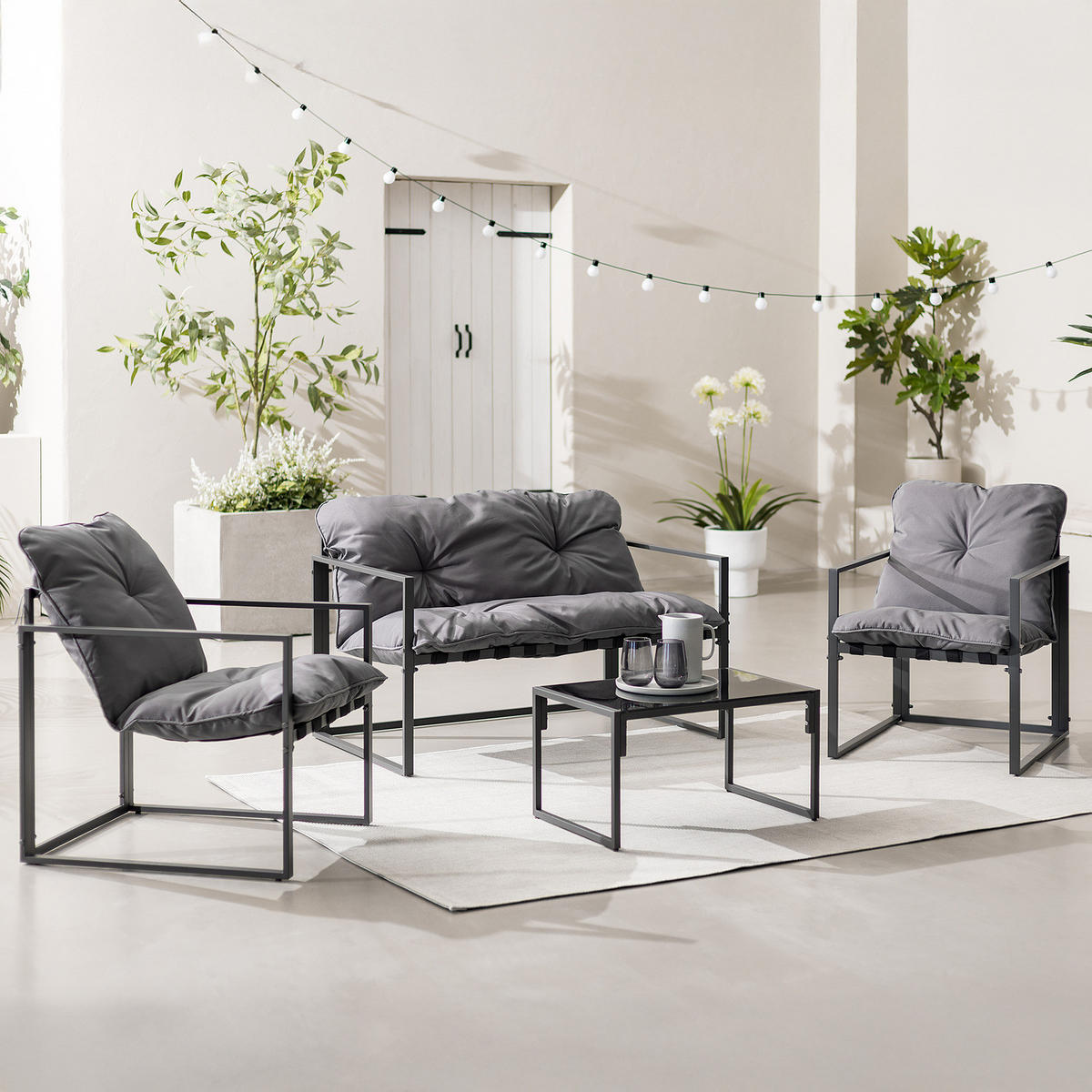 GARTENSITZGRUPPE - Eisen / Polyester - Schwarz / Grau - 4-teilig - Schwarz/Grau, Glas/Kunststoff - home24