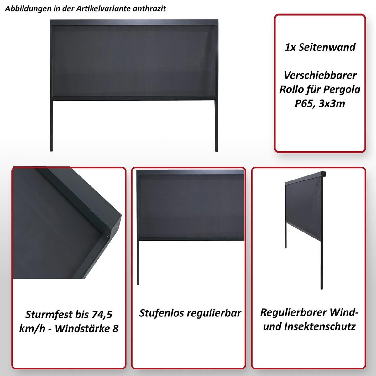 SEITENWAND FÜR PERGOLA Anthrazit - Anthrazit, Textil (275/217/10cm) - MCW