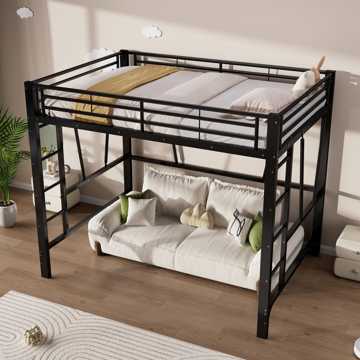HOCHBETT 140/200 cm in Schwarz mit Doppelleiter, Schutzgeländern und offenem Raum unter dem Bett aus Metall - Schwarz, Metall (140/200cm) - STILVORA