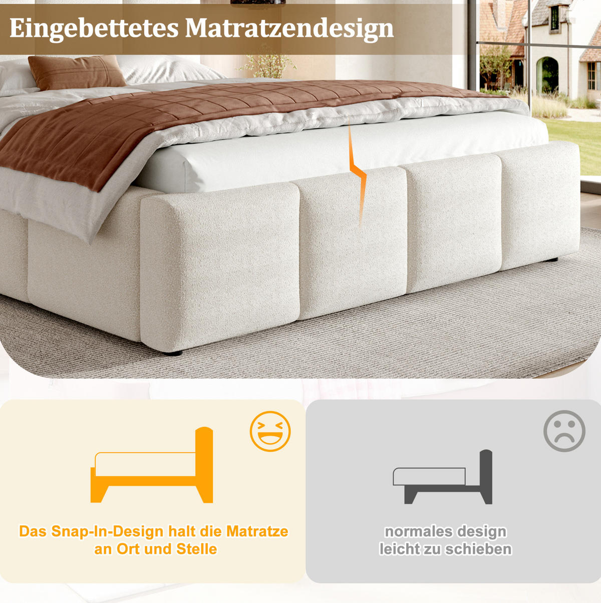 POLSTERBETT 160/200 cm aus Bouclé mit gepolstertem Kopfteil Beige - Beige, Textil (160/200cm) - Modenvie