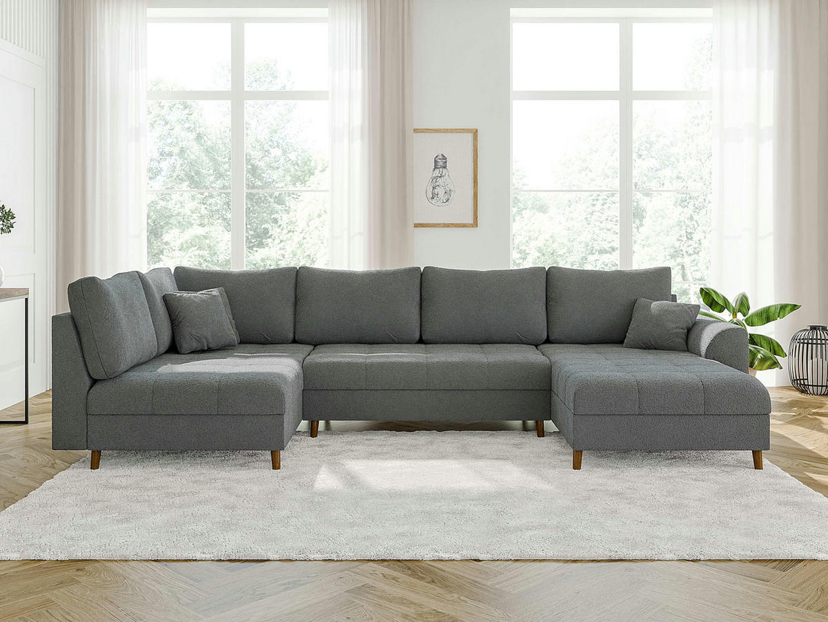 WOHNLANDSCHAFT inkl. Hocker Henrik Grau Boucle - Braun/Grau, Holz/Textil (310/81/161cm) - S-Style Möbel