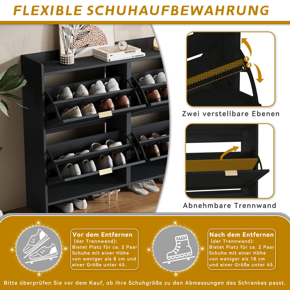 SCHUHSCHRANK 110/24/90 cm mit 4 Klappenfächern, offenen Ablagen und verstellbaren Einlegeböden aus Spanplatte, Schwarz - Schwarz, Holzwerkstoff (110/90/24cm) - Redom