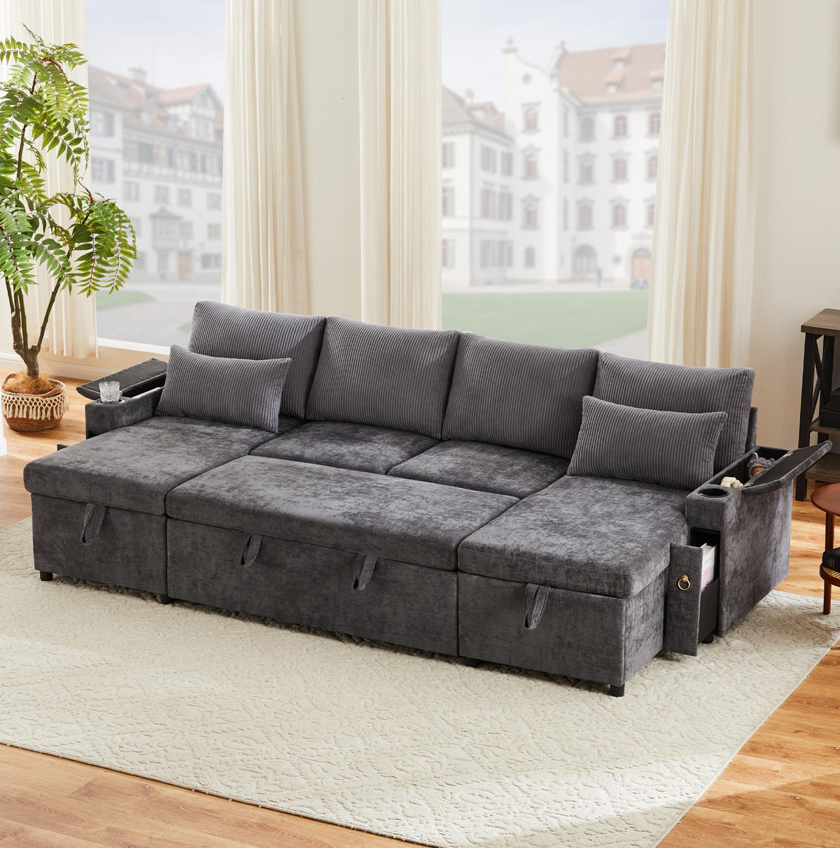 SCHLAFSOFA aus Chenille & Cord 272x131x84 cm in Grau mit Stauraum & Getränkehaltern - Grau, Textil (272/84/131cm) - Modfu