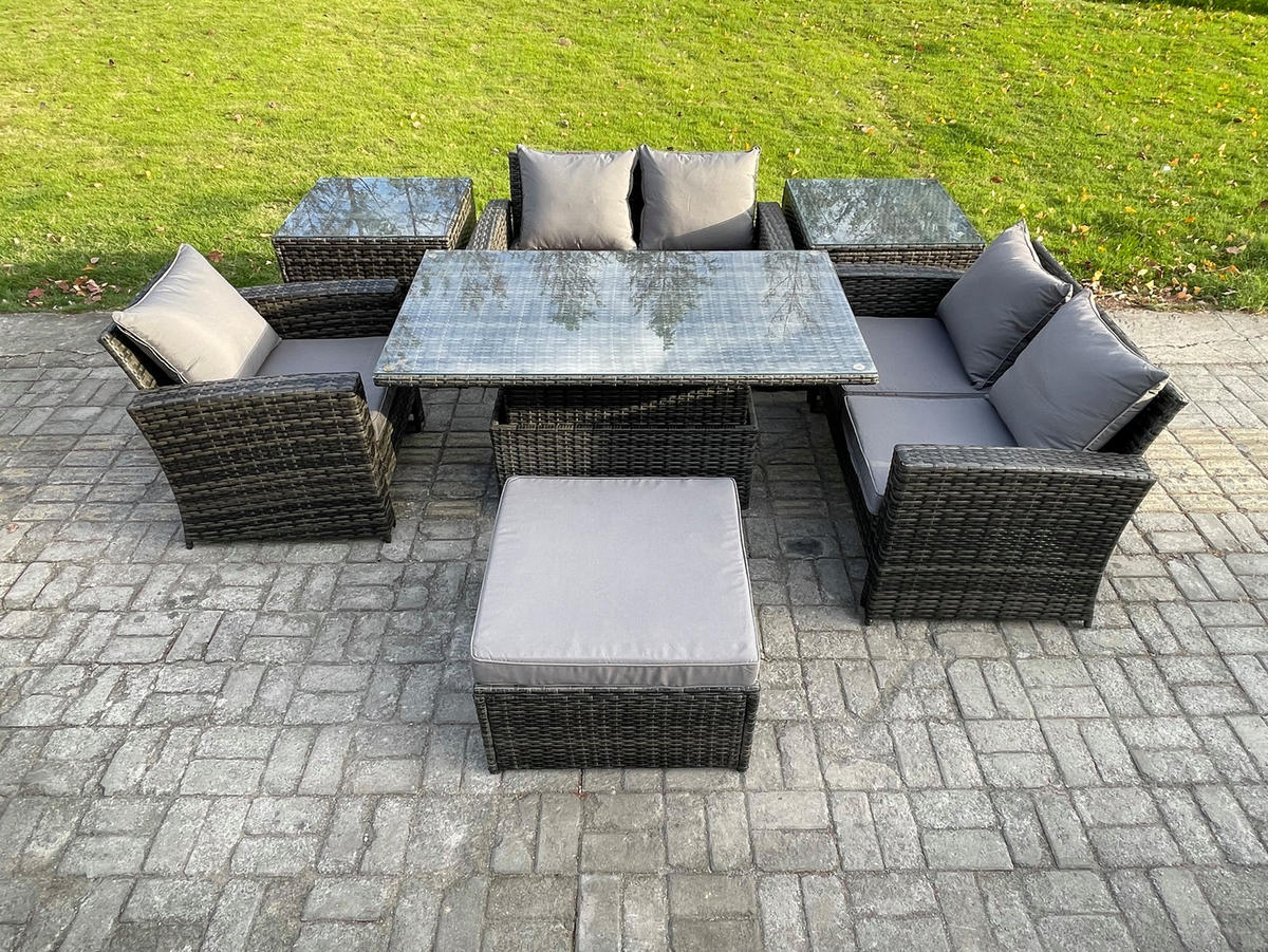 GARTENSOFA mit hoher Rückenlehne Polyrattan Dunkelgrau 6-Sitzer - Dunkelgrau, Metall - Fimous