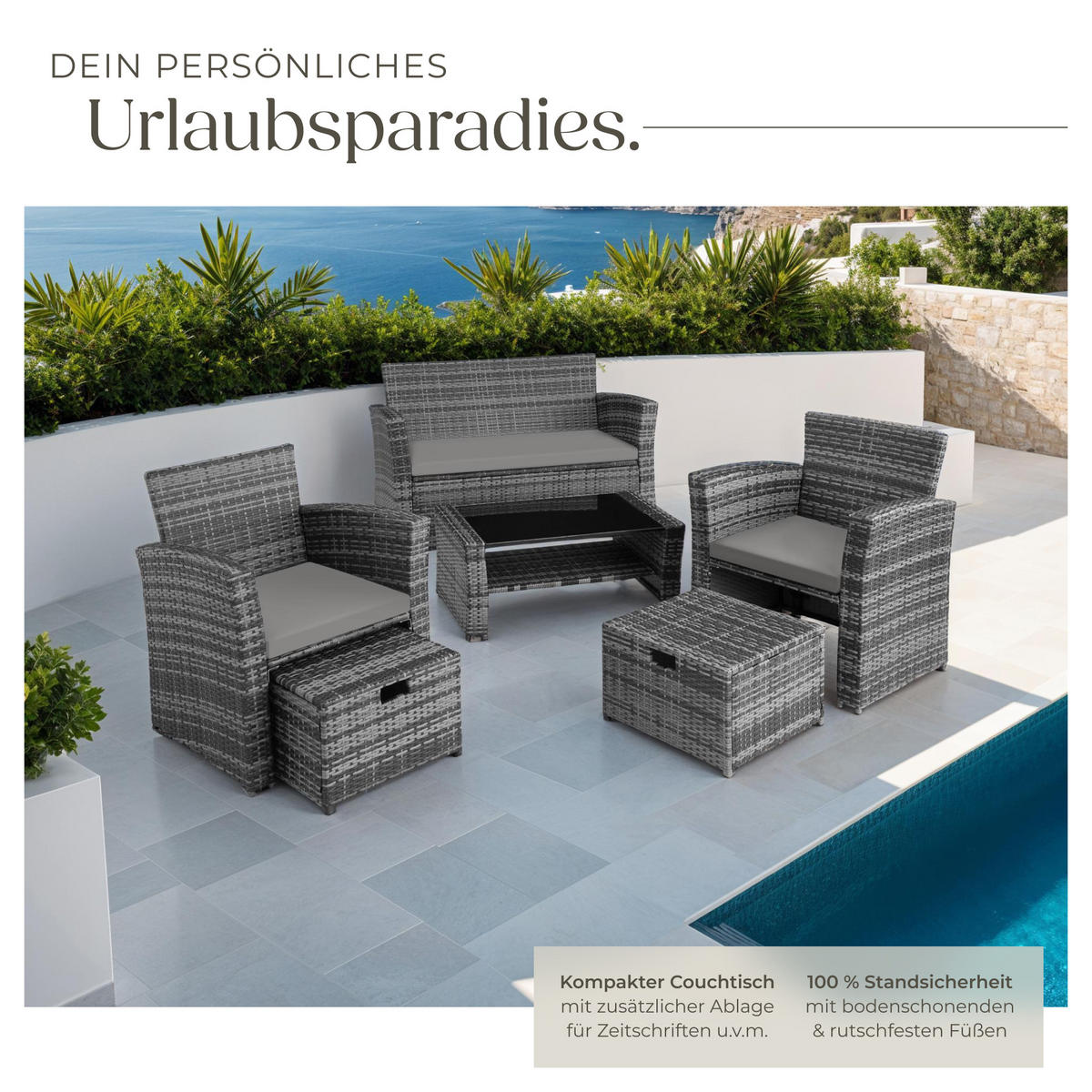 RATTAN SITZGRUPPE Modena,inklusive Staufach und Schutzhülle,grau - Grau, Kunststoff - tectake