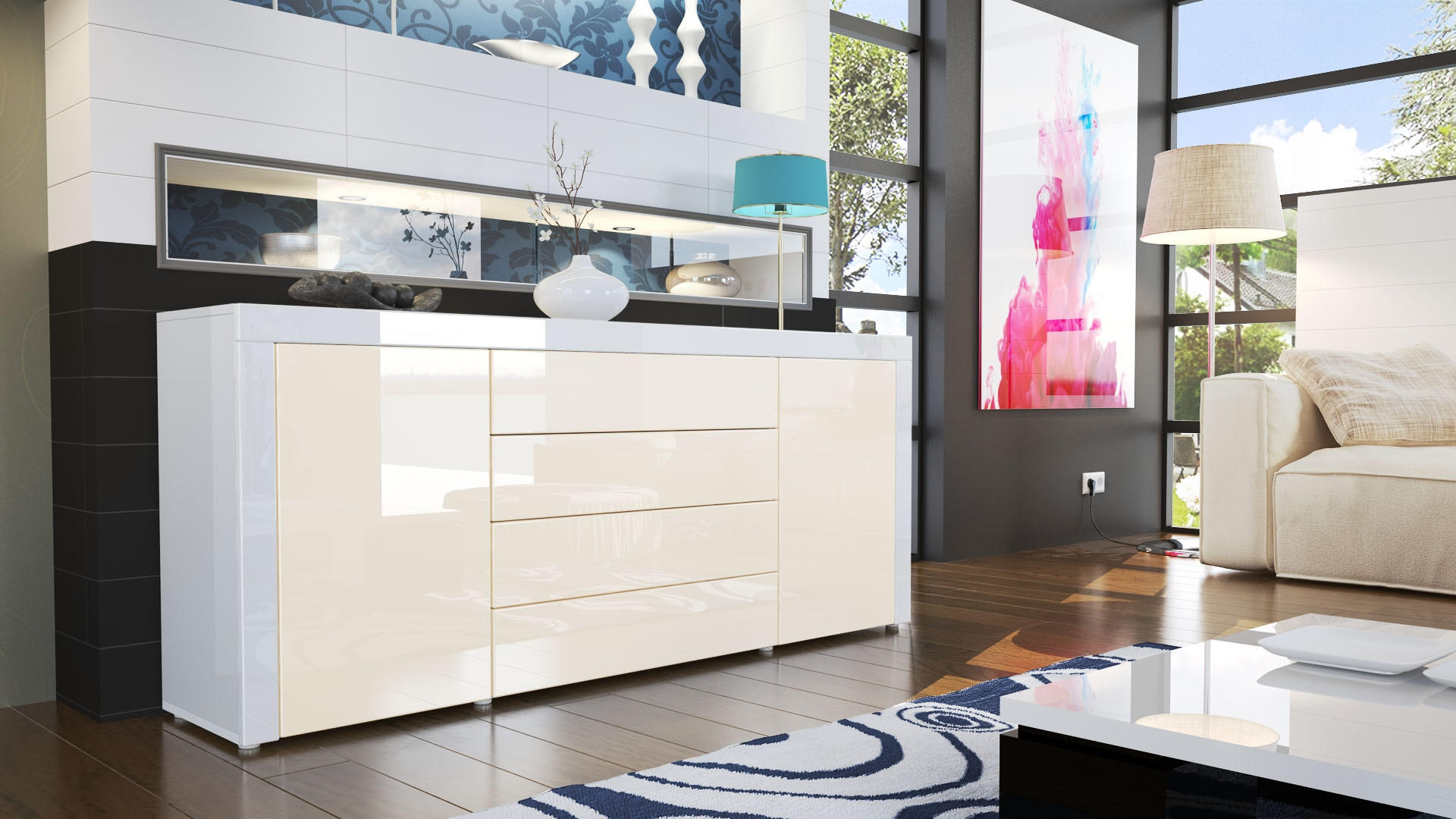 SIDEBOARD La Paz Creme Hochglanz / Weiß Hochglanz - Creme, Holzwerkstoff (167/72/35cm) - Vladon