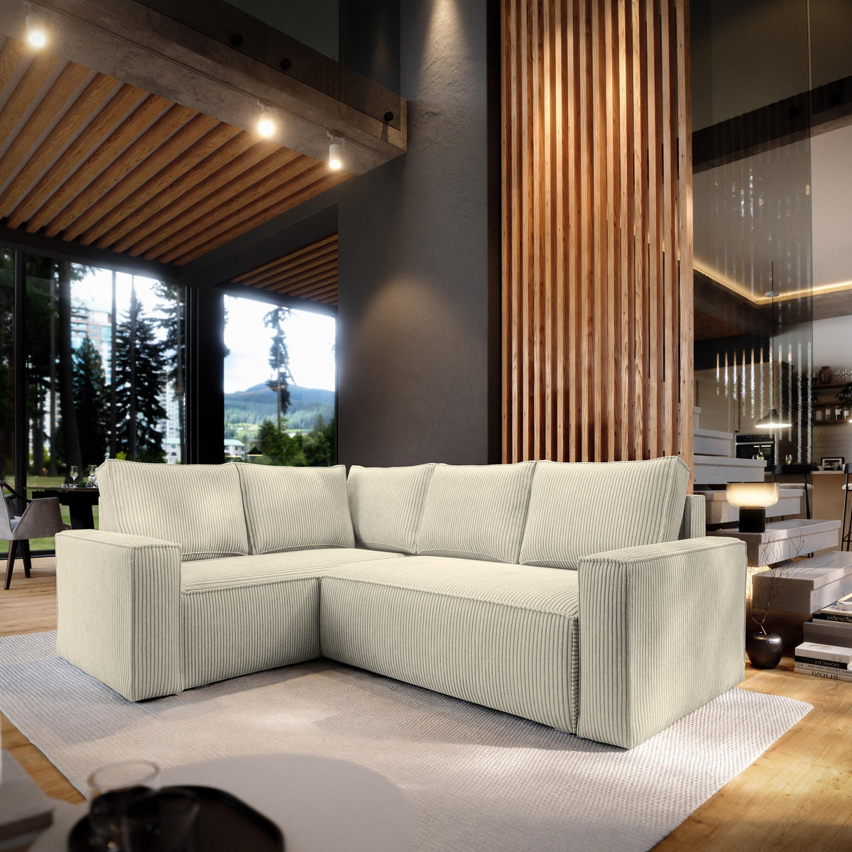 ECKSOFA ESTANO L-S Creme Kordstoff mit Schlaffunktion - Creme, Holz (230/158cm) - MASSENO