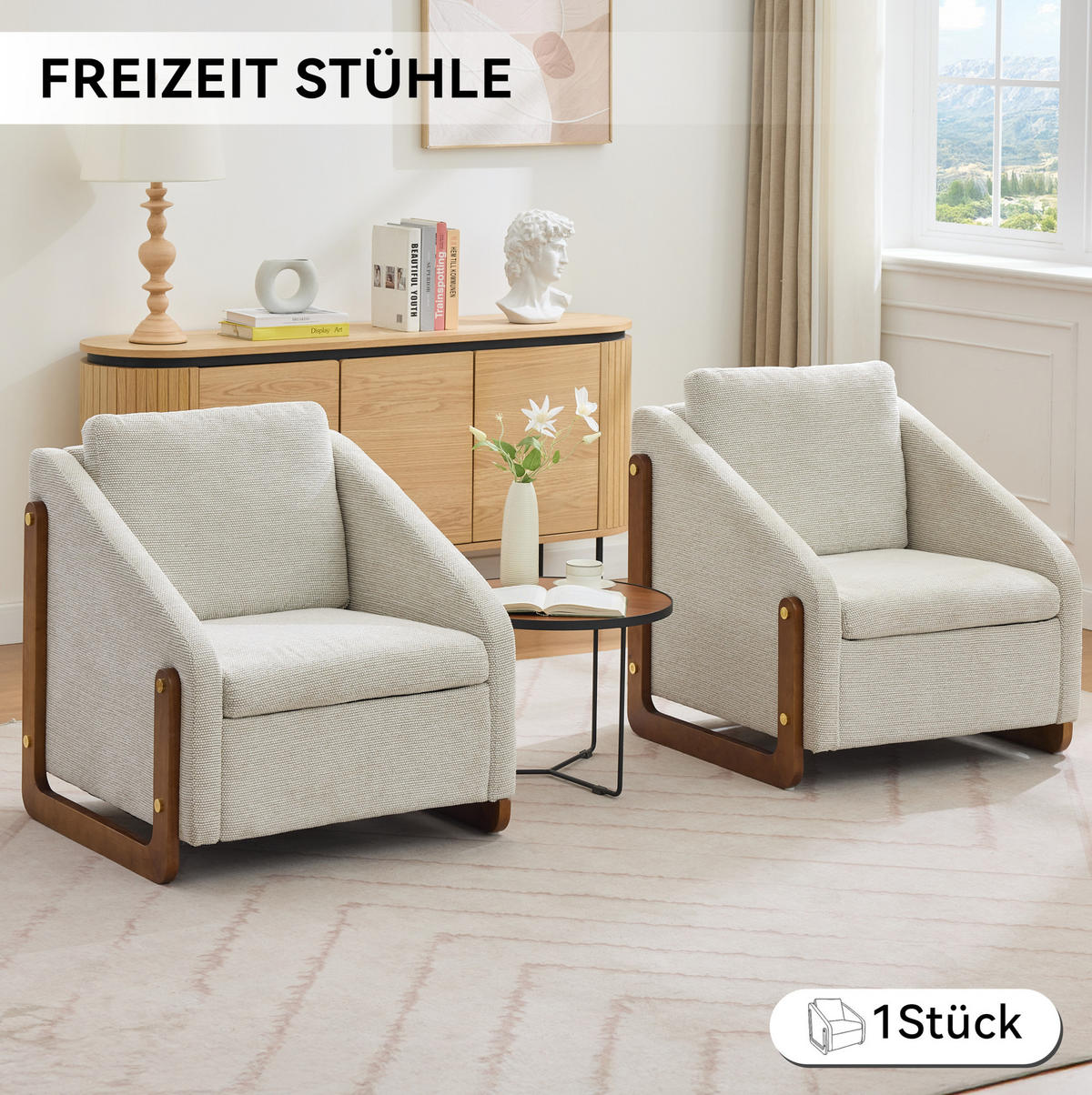 SESSEL 73,5/73,5/73,5 cm aus Chenille in Beige mit Holzarmlehnen - Beige, Textil (73.5/73.5/73.5cm) - BEAOK