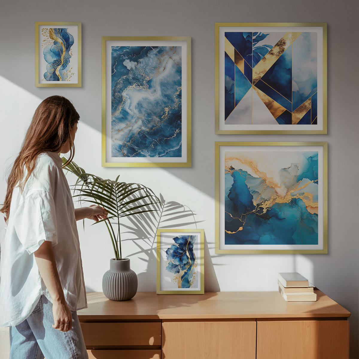 BILDER SET 5er Set - 50x50 cm & 20x30 cm & 40x60 cm Goldrahmen - Blaue abstrakte Muster - Goldfarben, Kunststoff (40/60cm) - TULUP