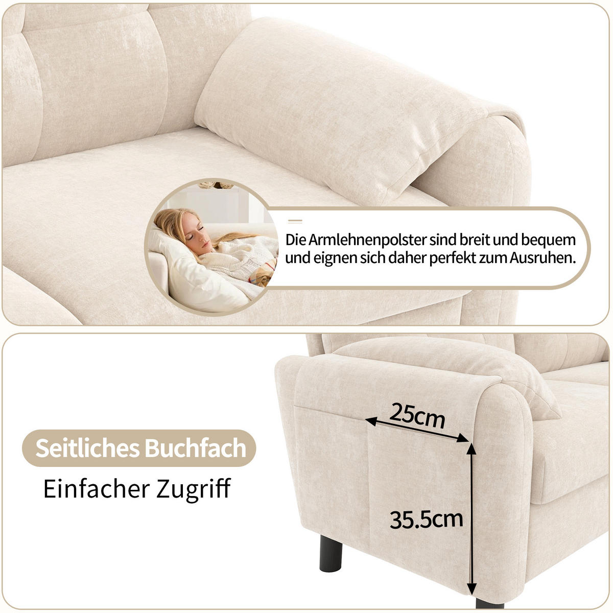 POHOVKA 158/80/88,5 cm béžová z chenille s bočními kapsami a polstrovanými područkami - béžová, textil (80/88.5/158cm) - OKWISH