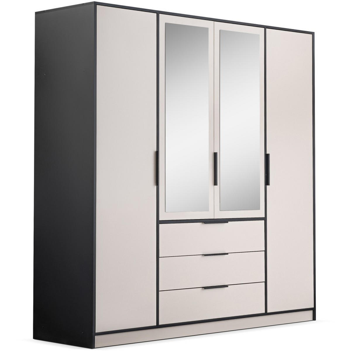 DREHTÜRENSCHRANK Livo mit 4 Türen und 3 Schubladen, kaschmir+schwarz, 200 cm - Kaschmir/Schwarz, Holzwerkstoff (200/200/57cm) - Beautysofa