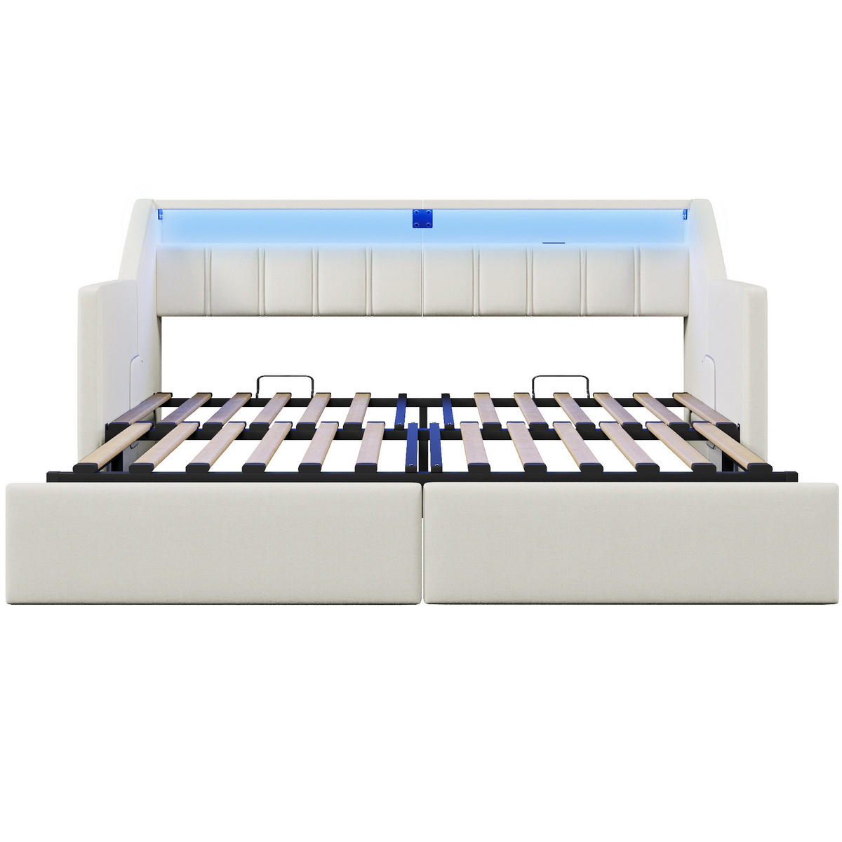 POSTEĽ z ľanu a MDF, 90/200 cm béžová, s USB, LED a úložným priestorom - béžová, textil (90/200cm) - BEAOK