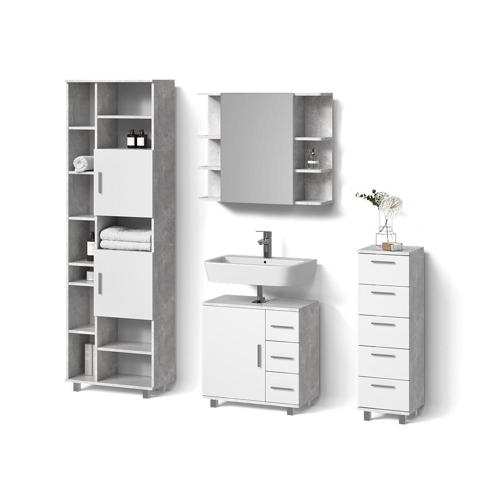 BADMÖBEL-SET Eisak Beton 4 Teile - Weiß/Grau, Holzwerkstoff (60/60/33cm) - Livinity®